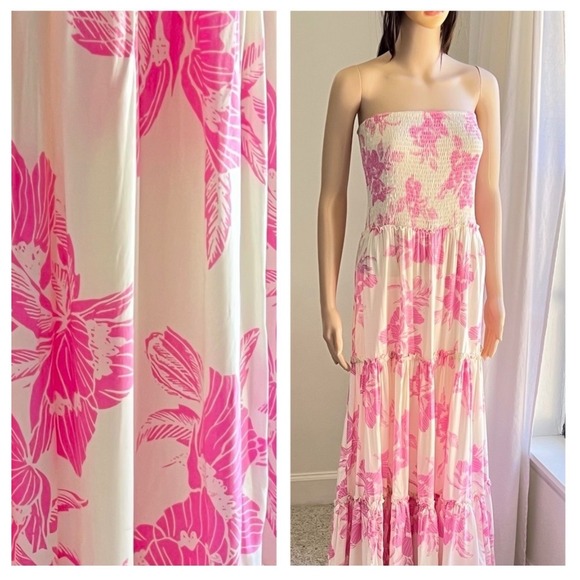 Abel The Label Dresses & Skirts - Abel the Label Floral Maxi Dress Womens L Pink Smocked Tiered Halter Boho Summer